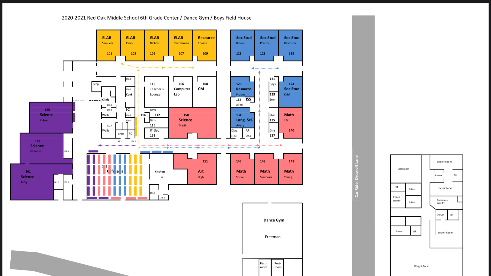 map of 6th grade center hallway flow for arrival procedures 