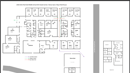 map of 6th Grade Center showing designated hallways for dismissal procedures  