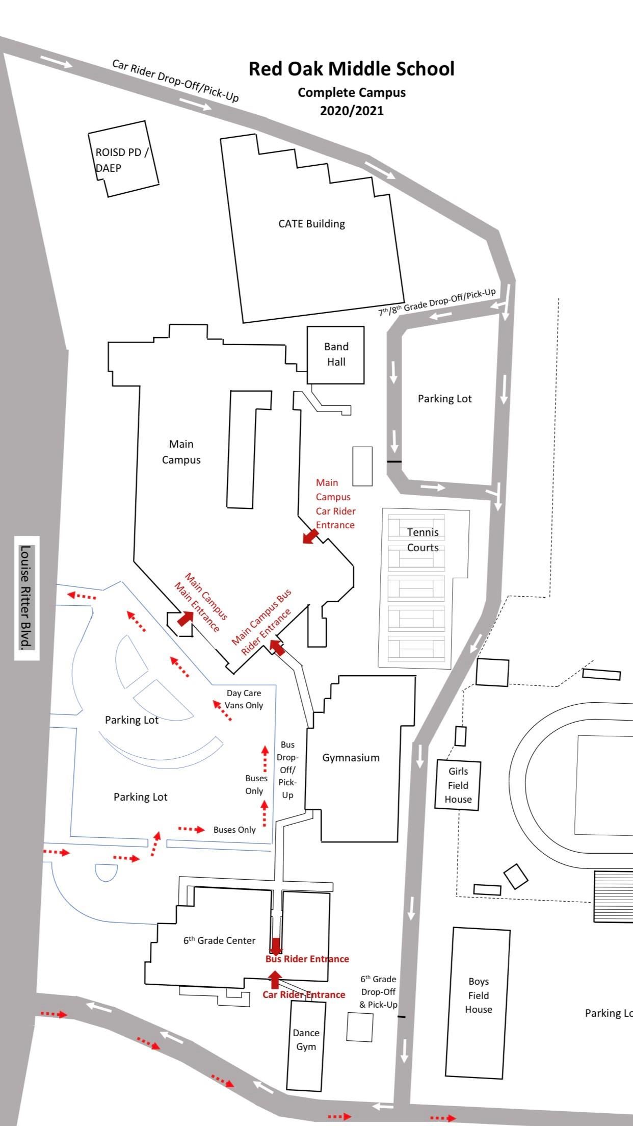 diagram showing traffic flow around entire ROMS campus for arrival procedures 
