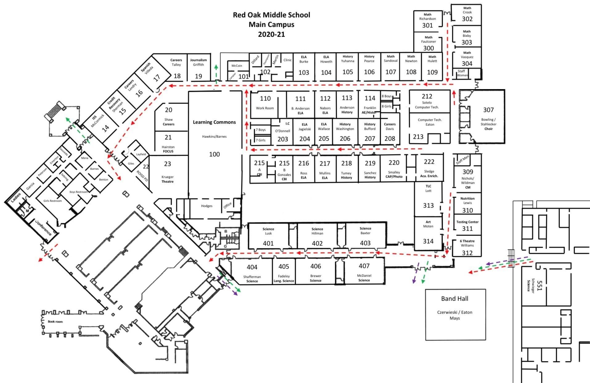 map of main campus showing designated hallways for dismissal procedures  